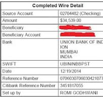 Fake wire transfer sent by Romi Godhwani